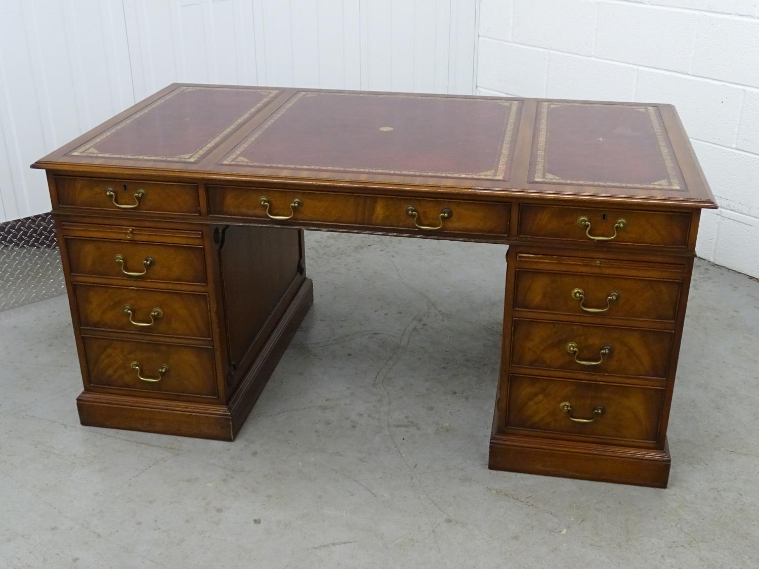 Partners Desk - a 20th C mahogany pedestal desk with gold tooled red leather inserts to top, with - Image 2 of 8