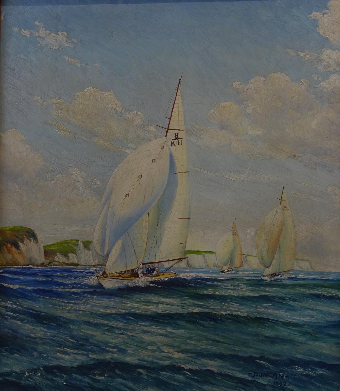 Duncan 1952 Marine School Oil on board Yachting of the white cliffs Signed lower 22 x 36"" (60.1 x