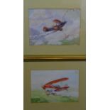 TJJ Tolkien 1978 Watercolour and gouache , a pair Light Aerobatic Biplanes , airplane portraits of '