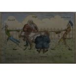 Legal Cartoon A hand coloured re-strike engraving ? Litigation ? showing Judge , Lawyer , Plaintiff,