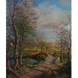 D Bishop mid XX Oil on board ? April Sunshine ', a late afternoon on a stone bridge Signed lower