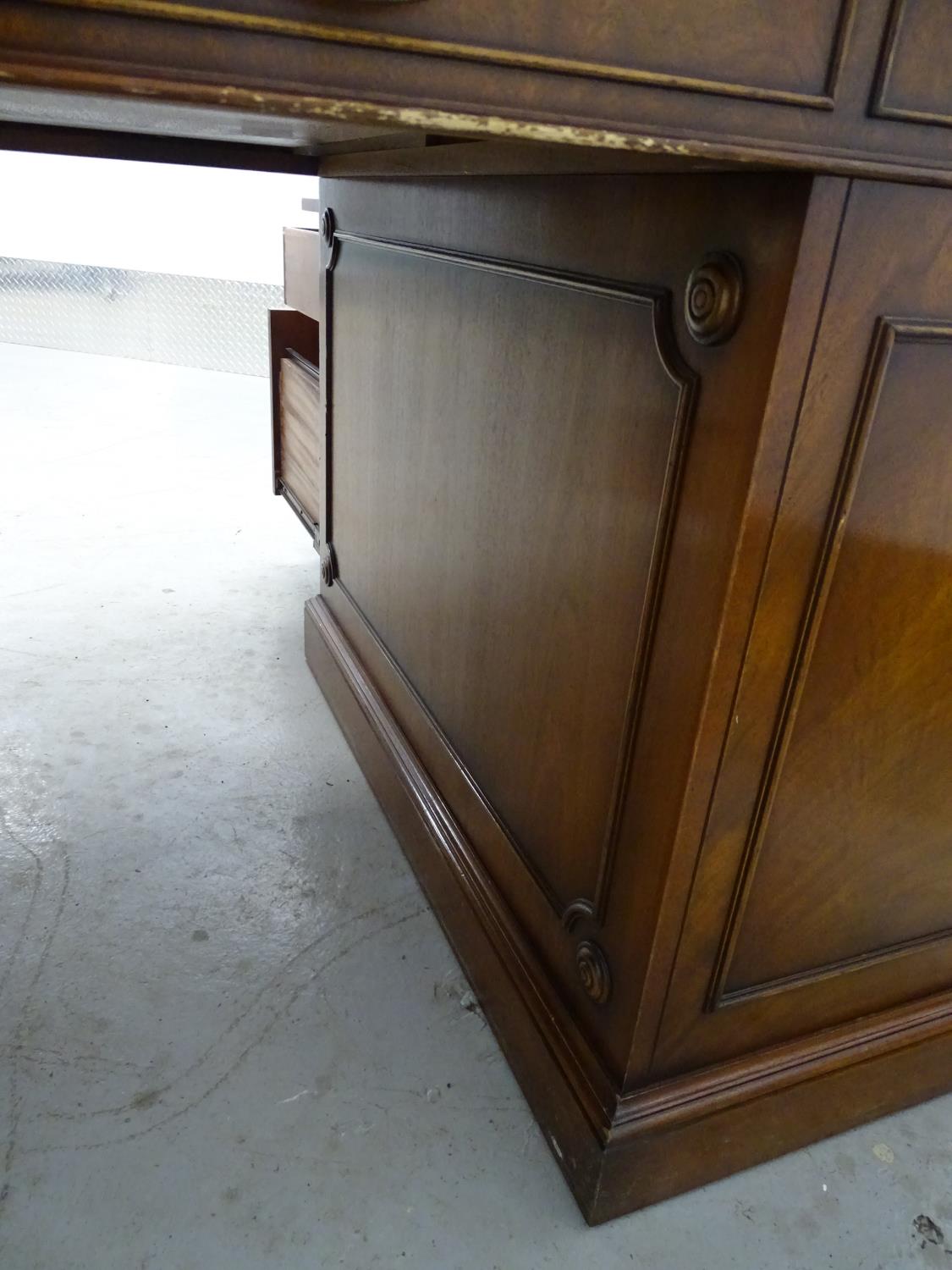 Partners Desk - a 20th C mahogany pedestal desk with gold tooled red leather inserts to top, with - Image 7 of 8