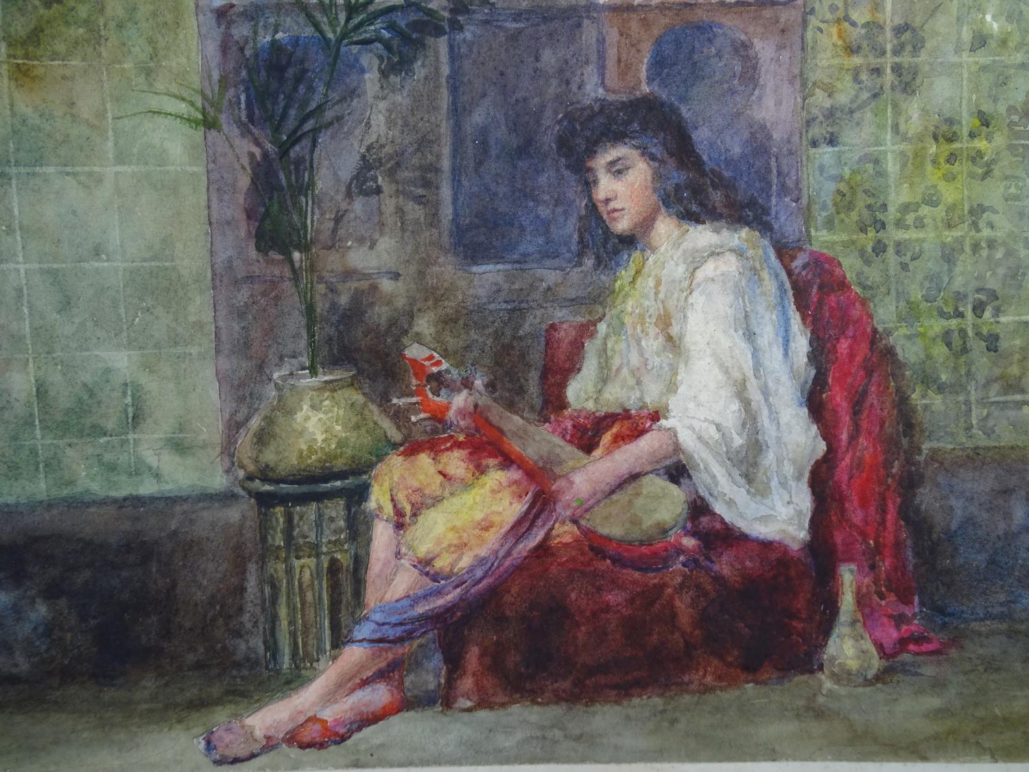 Cattermole XIX Orientalist School Watercolour A seated Lute player beside an Ottoman table etc.