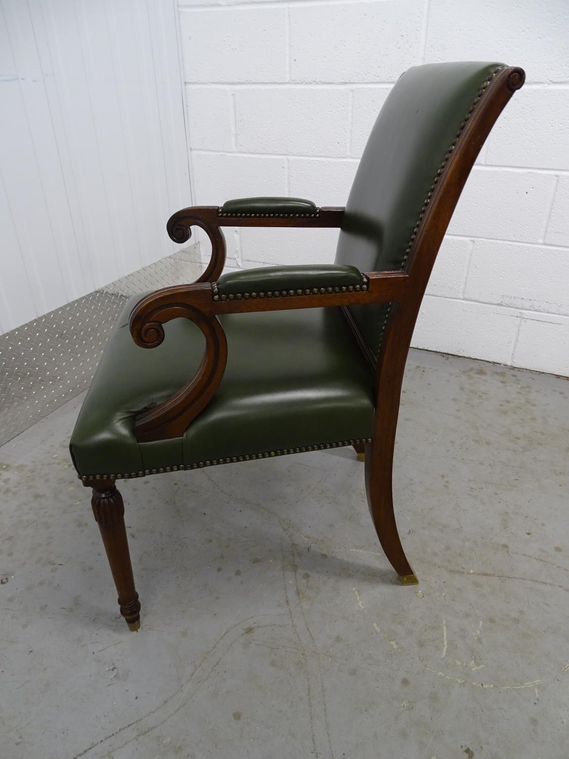 Leather open arm chair - a green leather over stuffed chair, with scroll ended arms, brass capped - Image 2 of 6