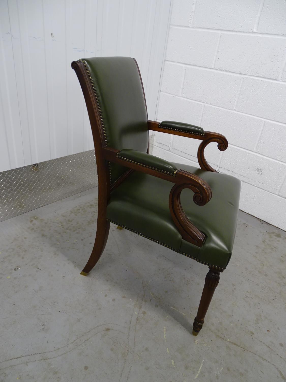 Leather open arm chair - a green leather over stuffed chair, with scroll ended arms, brass capped - Image 3 of 6