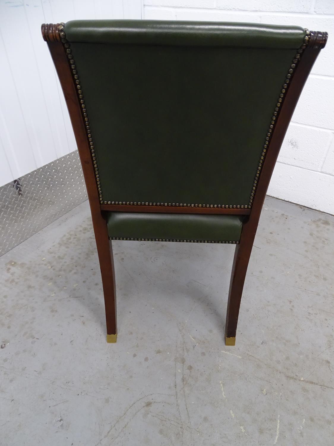 Leather open arm chair - a green leather over stuffed chair, with scroll ended arms, brass capped - Image 4 of 6