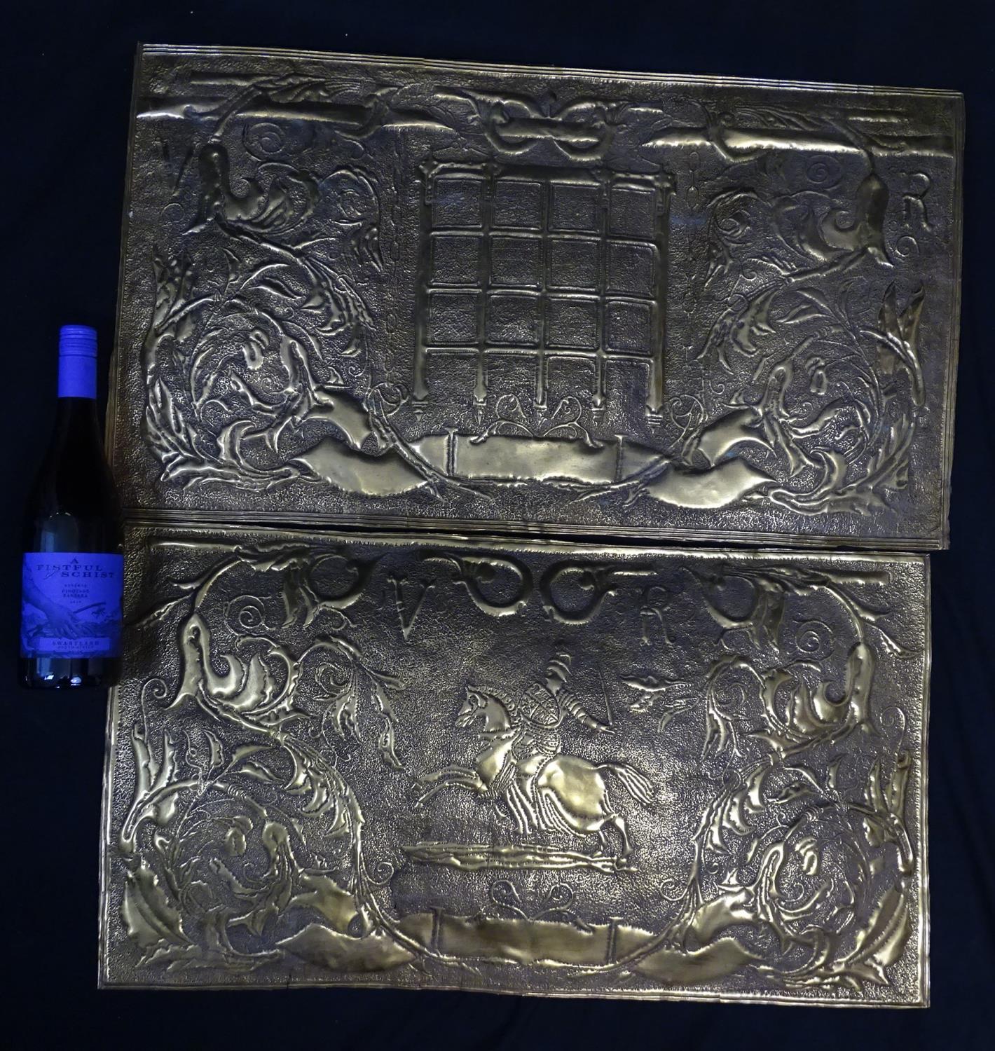 Arts and Crafts -a pair of embossed oblong brass plaques having a Knight on horseback and Portcullis - Image 2 of 3