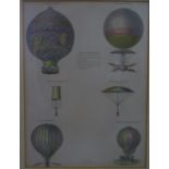 Ballooning : a 19 th C hand coloured engraving showing Montgolfiers Balloonn, Blanchard?s Ballon,