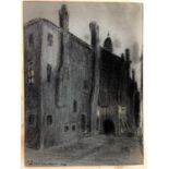 Piero Sansalvadore (1892-1955) Surrealist Charcoal and pastel on blueish paper Old buildings at dusk