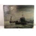 C Bruce XX Marine School Oil on artist?s board A ship and barges moored on the River Thames at night