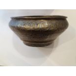 A C19 Damascus ware brass and white metal inlaid jardinière / vessel. 33cm x 30cmx 16cm deep.