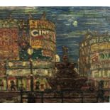 David Martin XX Social History Heavy Oil on board Piccadilly Circus with statue of Eros before the