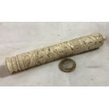 Cantonese sewing and wool needle case - a 19 th C carved cylindrical cased and lidded ( with finial)