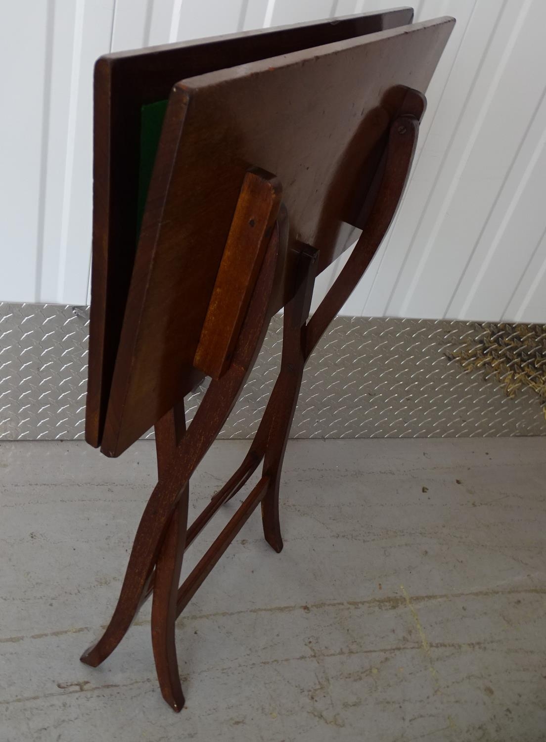 Campaign Folding Table : a late 19 thC folding card table with green baize insert and mahogany