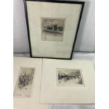 3 x signed dry point etchings ? Tower of London , London ? has Remarque of people in a boat entering