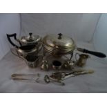 Qty of silver-plate : a crepe pan with stand and burner, circa 1900 three piece tea-set, 3 piece