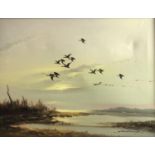 Howard Devonald (b. 1944) Irish Oil on canvas Geese flighting over shoreline wetlands Signed lower