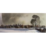 Colin Truffrey (1939) Watercolour ?Oxford in Winter? showing the spires of Oxford with snow on the