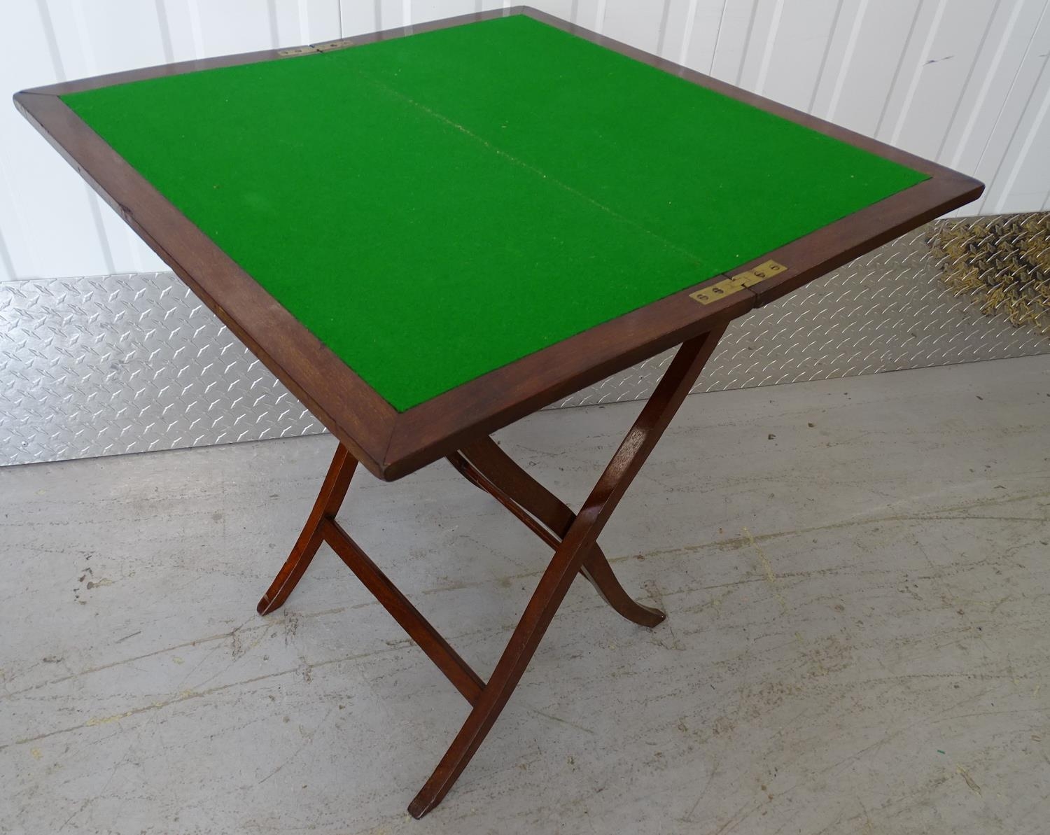 Campaign Folding Table : a late 19 thC folding card table with green baize insert and mahogany - Image 4 of 5