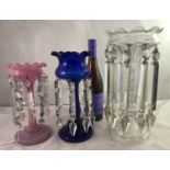 Victorian Glass Table Lustres : Three pedestal vases all with wavy rims, a clear glass facet cut