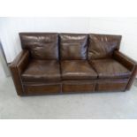 Club Sofa and Armchair- a dark brown leather upholstered 3 seat sofa and single armchair with stud