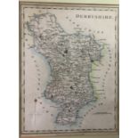 Antique Original 18 thC Map - a 1794 hand coloured and framed map of Derbyshire showing the roads,
