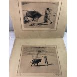 After F Halpern (1909) Etching, a pair (2) Bullfighting, one marked ? Cauderilles? verso Both signed