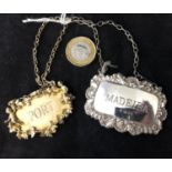 Bottle Tags / Wine labels : a Hall Marked Silver ? MADEIRA? label ,makers Mark DJ Silver Repairs,