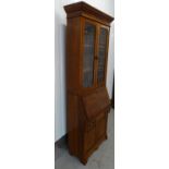 Art Nouveau bureau bookcase - an oak leaded glass adjustable height shelves, bookcase on a bureau