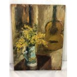 Piero Sansalvadore (1892-1955) Oil on panel Still life of yellow flowers with a guitar Marked ?14?