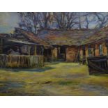 Nancy Weir Huntly (1890-?) Oil on panel A north country sheep handling yard with cottage beyond