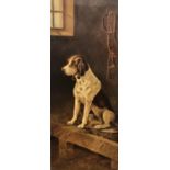 XIX Canine / Hunting Oil on canvas Portrait of a seated Favourite Fox Hound ( dog) with hunt kennels