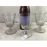 19thc pedestal Ale glasses - three (2 +1) Pedestal Rummers . Two matching facet cut sided glass
