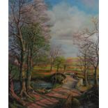 D Bishop mid XX Oil on board ? April Sunshine ', a late afternoon on a stone bridge Signed lower