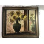 Piero Sansalvadore (1892-1955) Oil on canvas Vase of yellow chrysanthemums on a window ledge