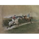 John Alexander Harrington Bird (1846-1936) Equine School Watercolour Horses jumping the water jump
