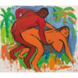 Otto Muehl, Kopulierendes Paar in Rot unter Palmen