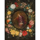 Jan Brueghel der JüngereBlumenkranz um eine Christusfigur, die ein Kreuz und einen Korb träg