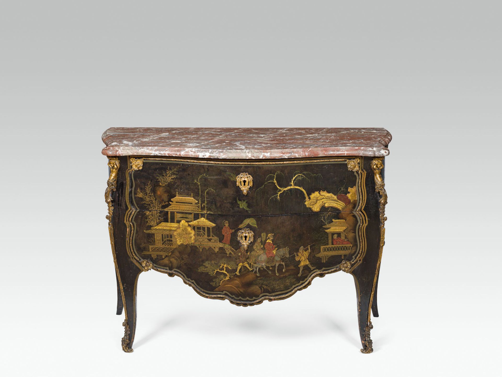 Commode Louis XVoakwood, black lacquer, bronze, marble; oakwood corpus in style of Louis XV, 2 big