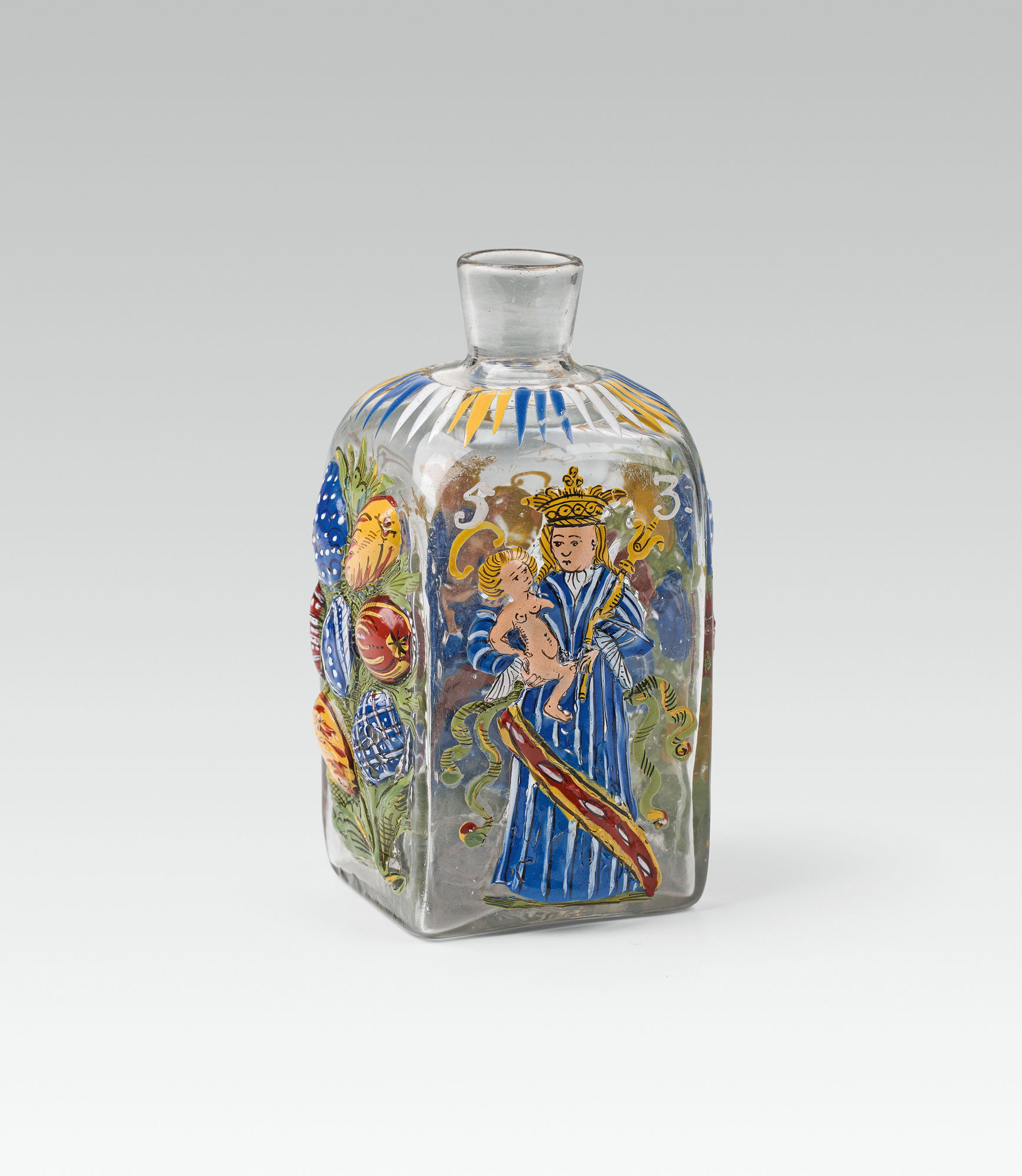 Schnapps bottlecolourless glass, enamel colour; pontil mark at the base; dated "1753" and