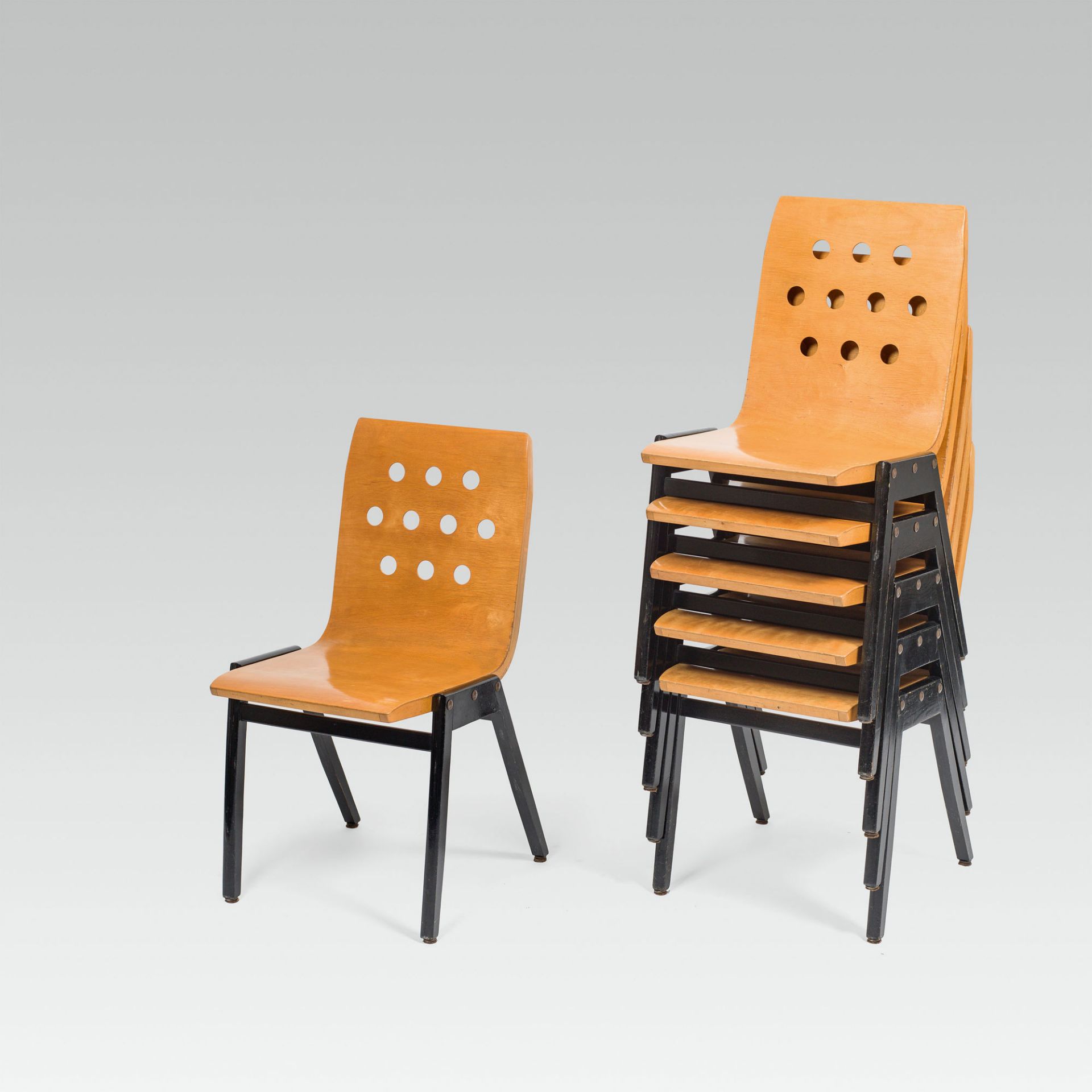 Roland Rainer6 Stacking chairs no. 3/4/3beechwood, colourless varnish, chairlegs varnished blackh.