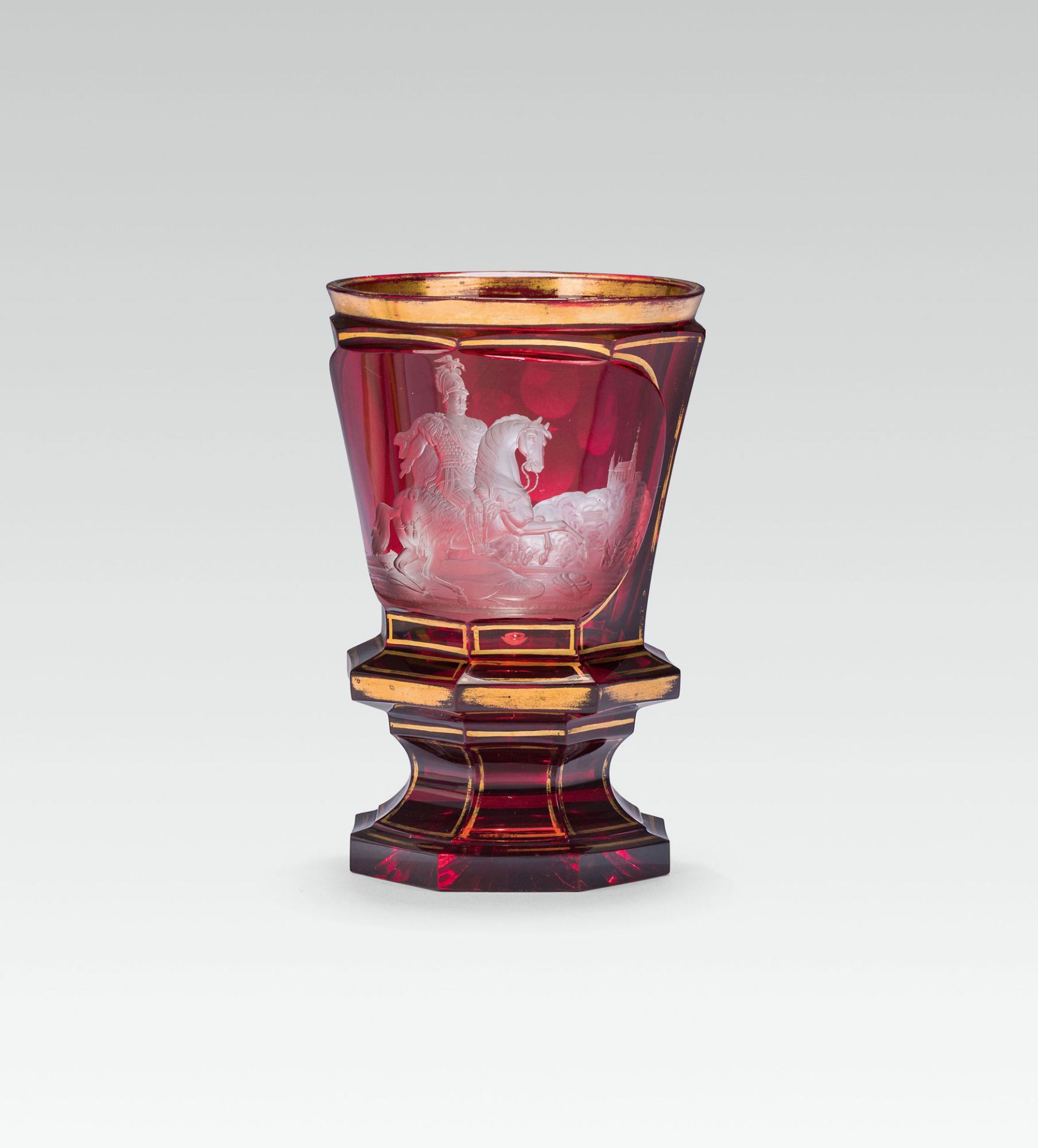 Biedermeier beakercolourless glass, glazed red, gold painting; star-shaped baseh. 13.8 cm
