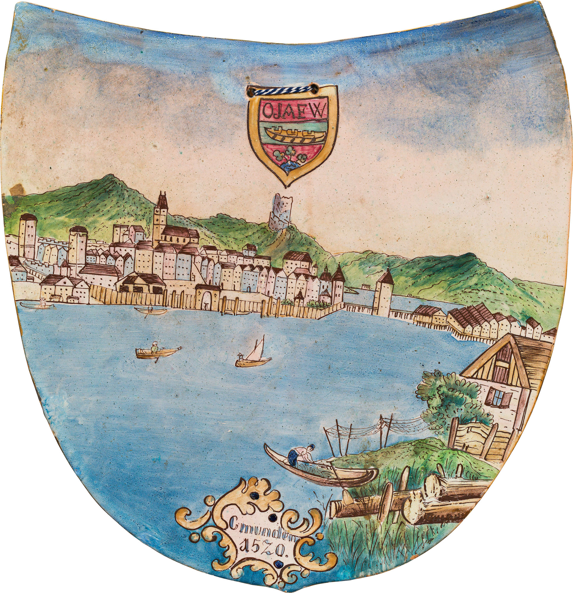 Shieldfaience, colourfully painted; cartouche with toponym "Gmunden", dated "1520", emblem of