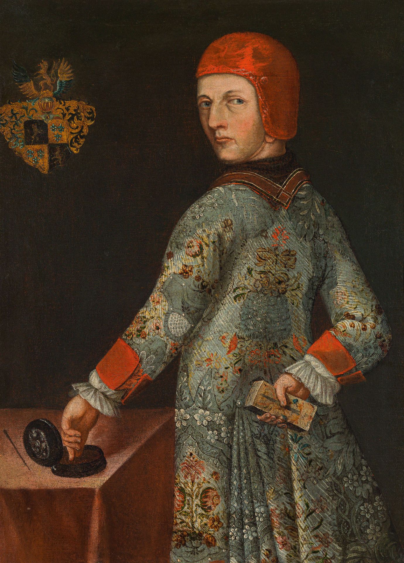 Venetian SchoolPortrait of a nobleman with camauro and brocade cloakprobably 17th centuryoil on