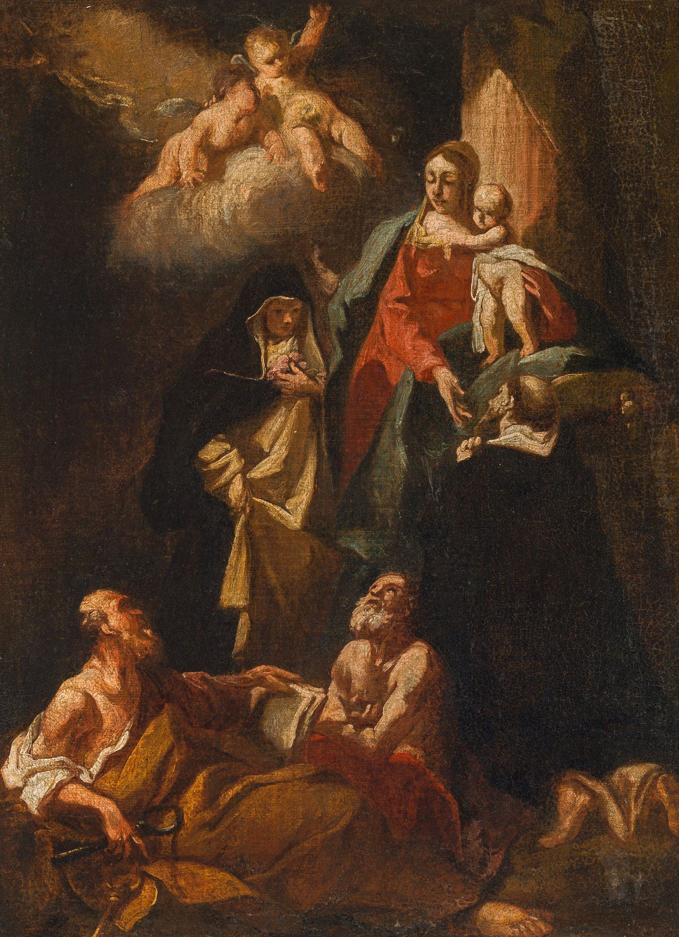 Antonio Marinetti, genannt il Chiozotto zugeschrieben, Maria mit Kind, umgeben von Heiligen und Putt