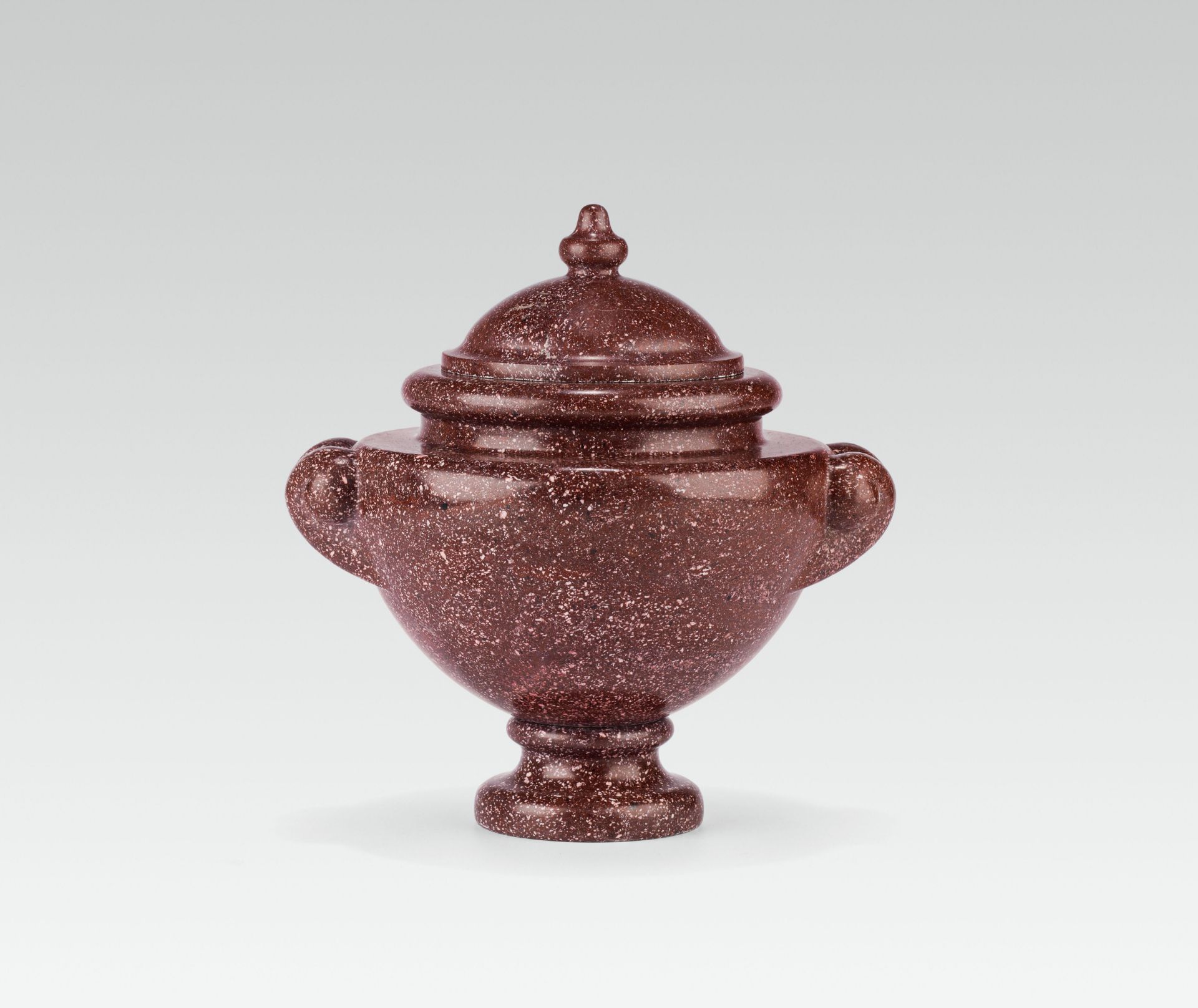 Porphyry vasered greek porphyry; vase with lid and volute handlesh. 26 cmDario del Bufalo: