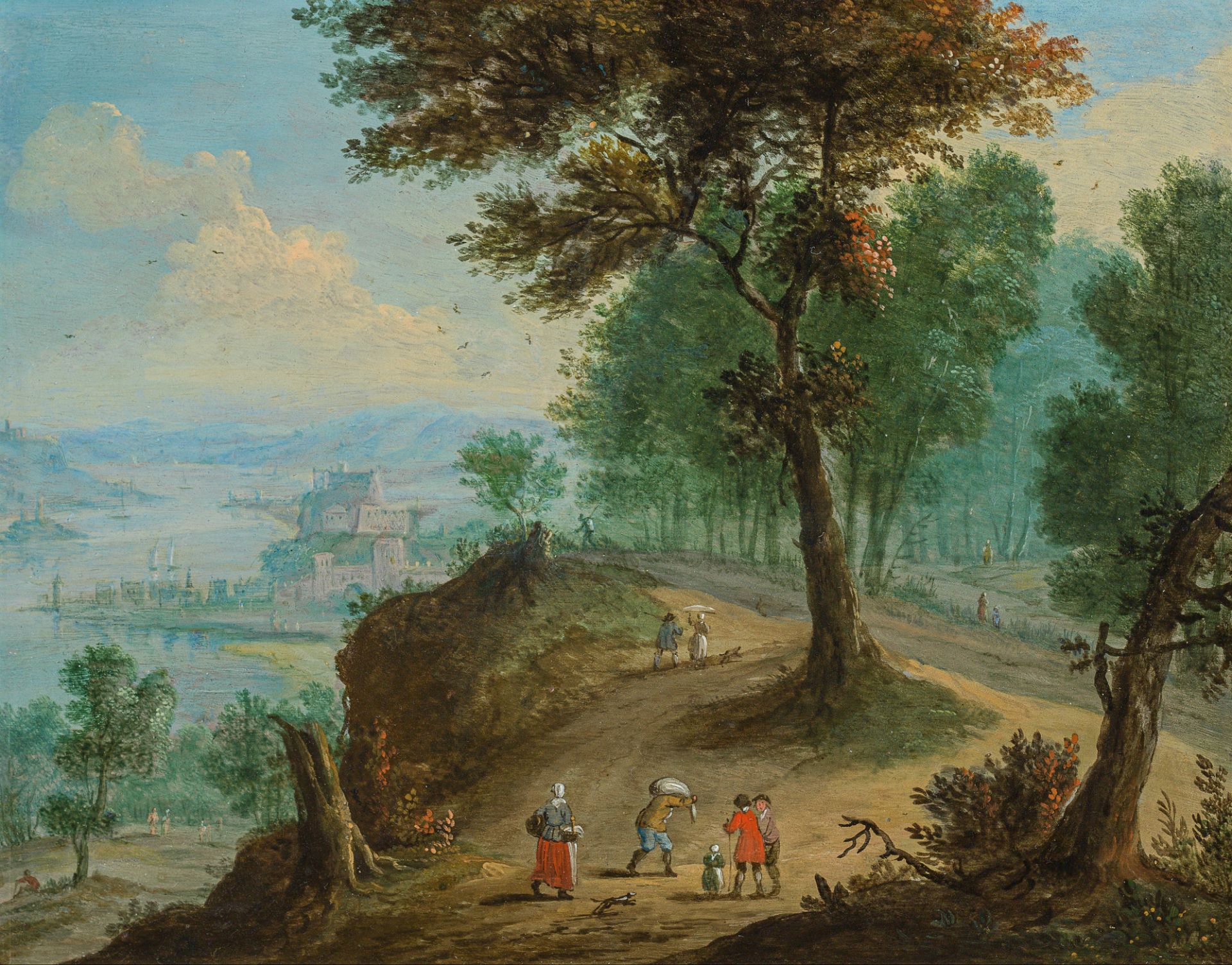 Jan Frans Bredael, Reisende und Bauern in Waldlandschaft mit Blick auf einen Fluss