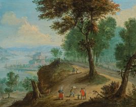 Jan Frans BredaelTravellers and farmers in a forest landscape with a view of a riveroil on