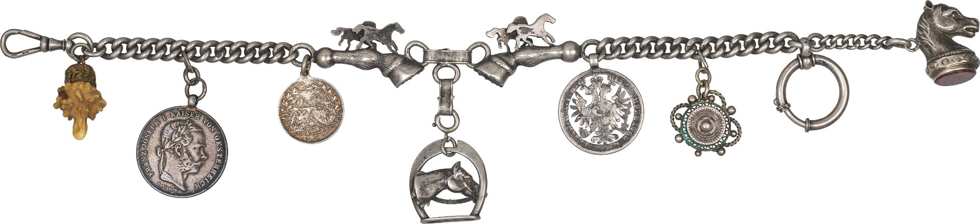 Fob chain "Reiteruhrenkette"silver, horn, coins; 1 fob chain with 7 pendants; partly markedl. 33 cm