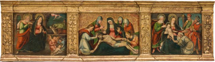 Anonymous Artist c. 1500Triptych with the Nativity, Lamentation and Adoration of Christoil on